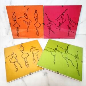 Set/4 Colorful 6x6 Ballerina Line Drawing Wall Decor Ready to Hang Acrylic Frame